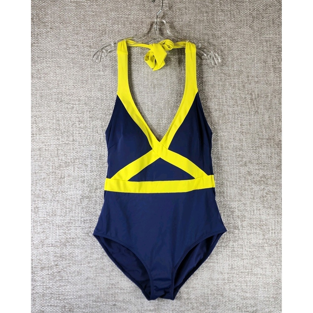 Boden Kefalonia Halterneck Swimsuit Navy Yellow Womens 12R Colourblock One Piece - Picture 2 of 12